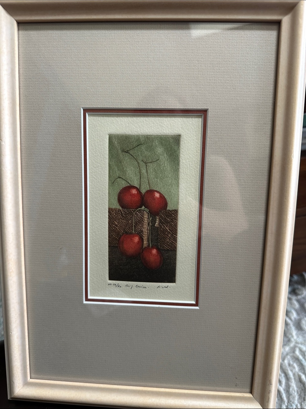 Framed Cherry Still Life Art Print - Red and Green